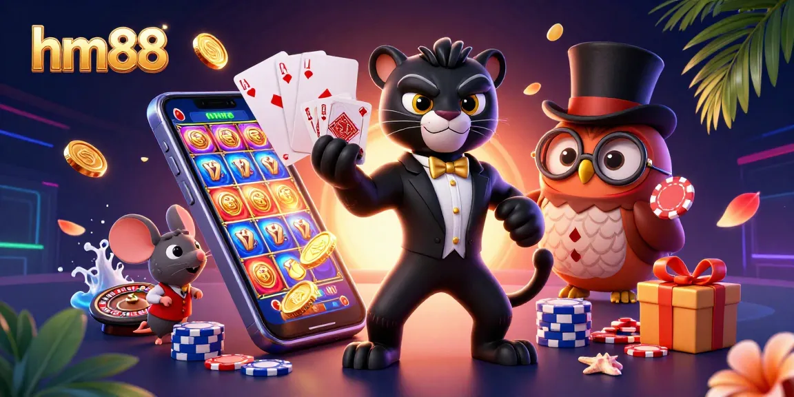 Win big at hm88 with a lively 3D casino scene featuring characters and vibrant gaming elements.