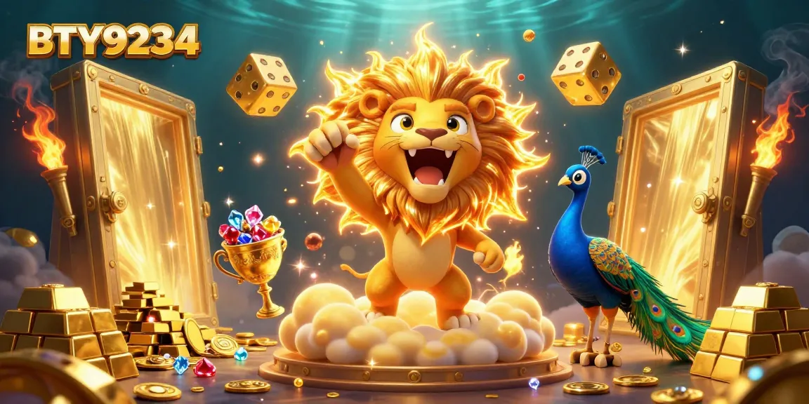 BTY9234 showcases a triumphant lion and vibrant casino treasures in an energetic 3D scene.