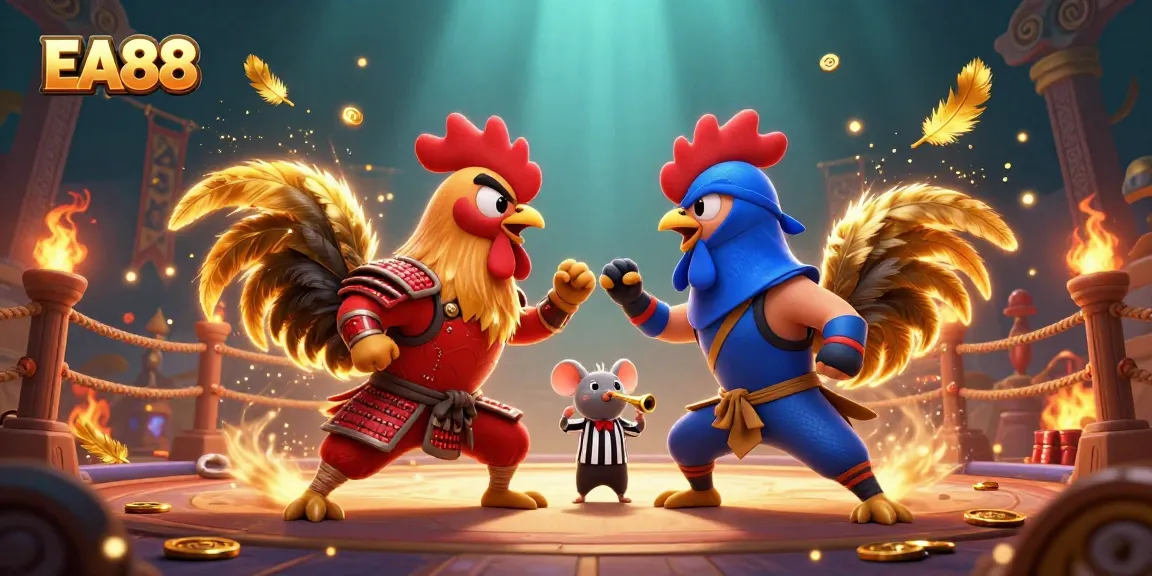 Engage with thrilling EA88 rooster fighting visuals amidst dynamic casino elements.