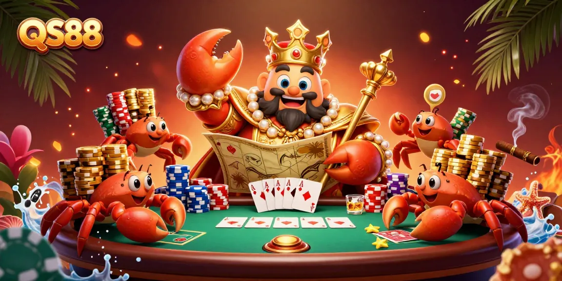 Experience the excitement at QS88 with a crab emperor overseeing a vibrant poker scene.