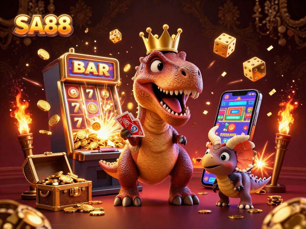 Experience thrilling gaming action at SA88 with a friendly 3D T-Rex, pterodactyl, and triceratops!