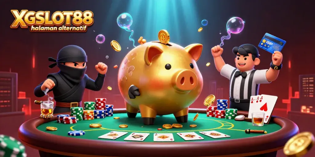 Gambarkan momen menarik permainan di XGSLOT88 halaman alternatif dengan karakter unik dan elemen kasino.