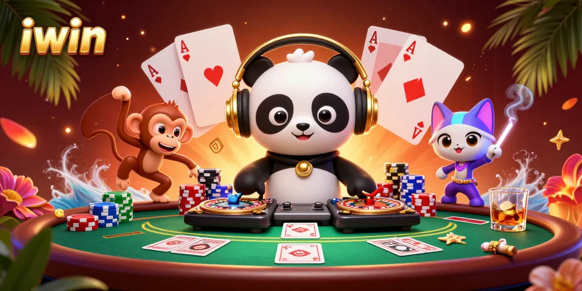 Experience vibrant excitement at iwin with a DJ panda, festive gaming elements, and lively characters.