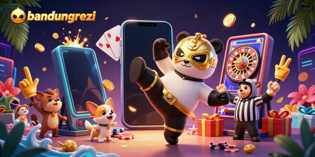 Experience excitement and winning thrills with bandungrezeki, featuring fun characters in a vibrant, interactive casino scene.