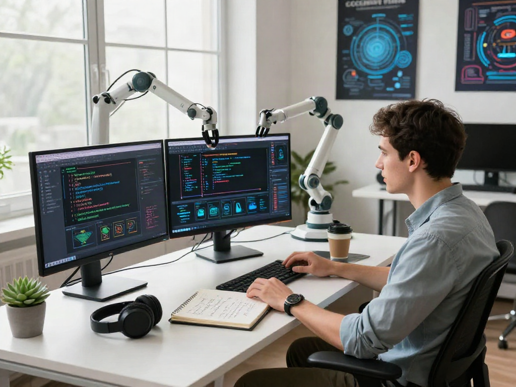Workspace showcasing developer using crushon AI tools for coding and machine learning, bright atmosphere with multiple monitors.