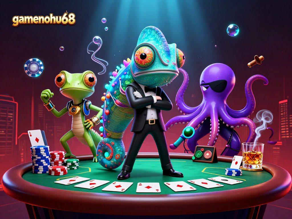 Engage in thrilling poker action at gamenohu68 with a vibrant 3D casino illustration.