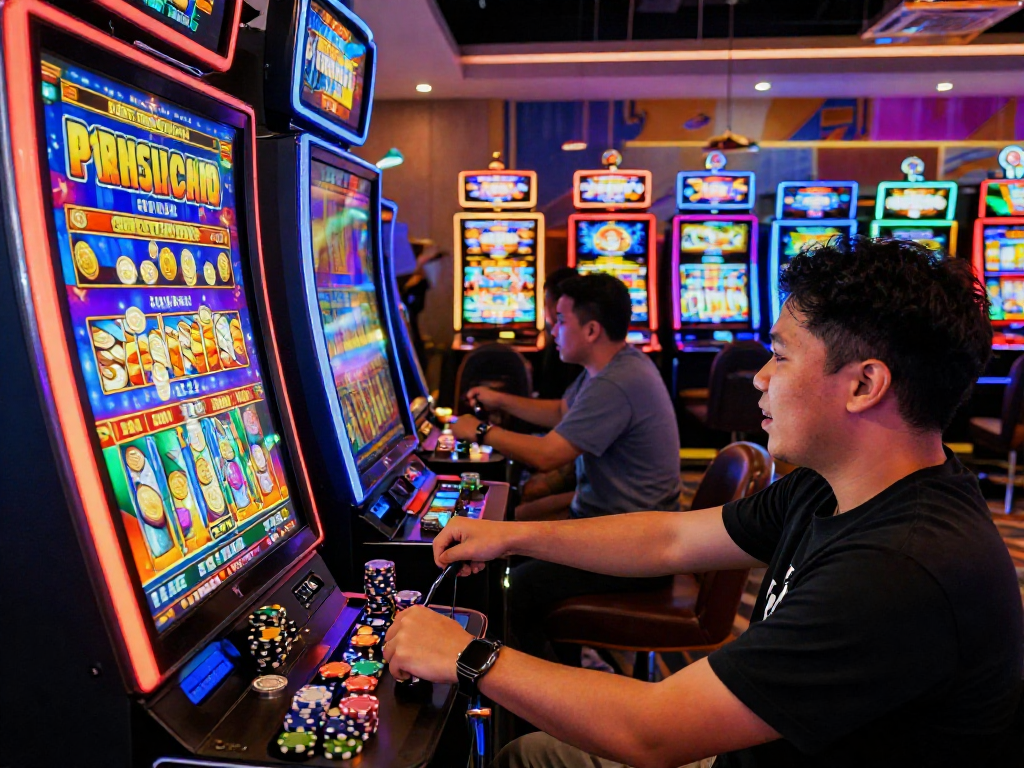 Seorang pemain slot gacor dengan penuh semangat menarik tuas mesin slot di kasino, dikelilingi cahaya cerah dan tumpukan koin yang jatuh.