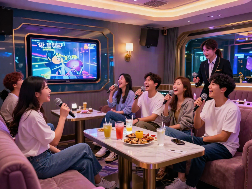 강남 달리는토끼의 현대적인 가라오케 바 내부, 친구들이 즐거운 시간을 보내고 있는 모습.