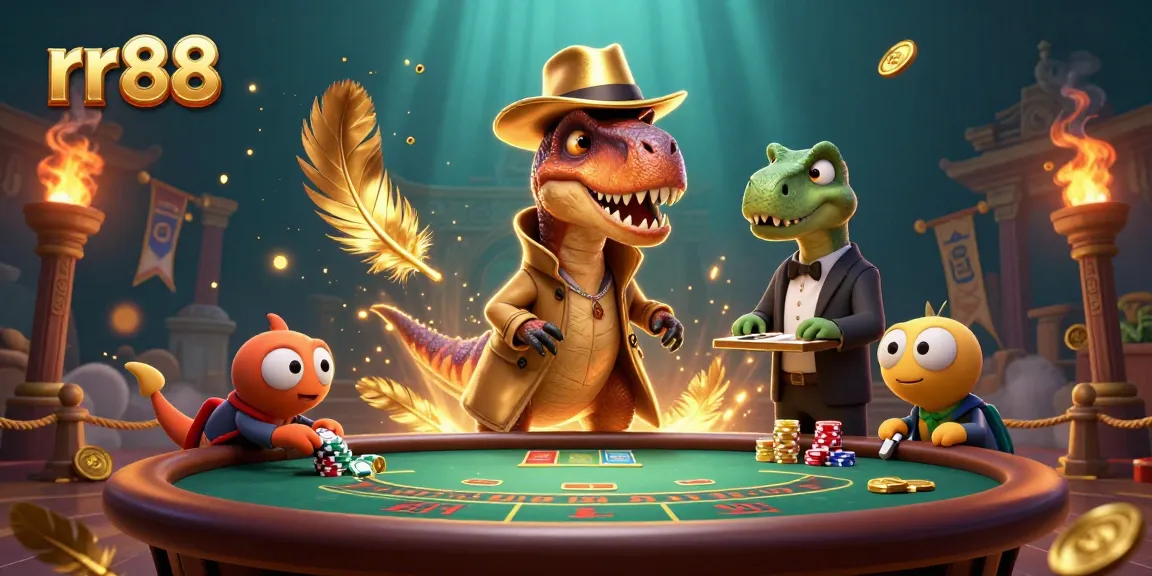 rr 88 card counter scene with casino elements, velociraptor and pit boss interact amidst dynamic atmosphere