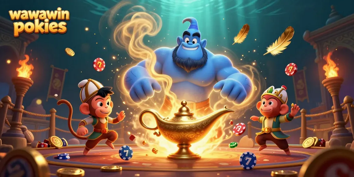 Exciting action with wawawin pokies, featuring a genie and a monkey in a magical casino scene.