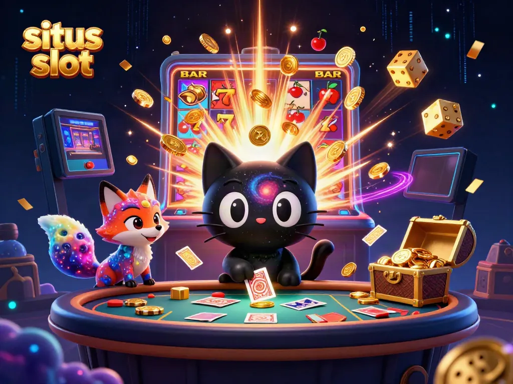 Situs slot cat attracting winnings at a cosmic casino filled with vibrant slot icons.