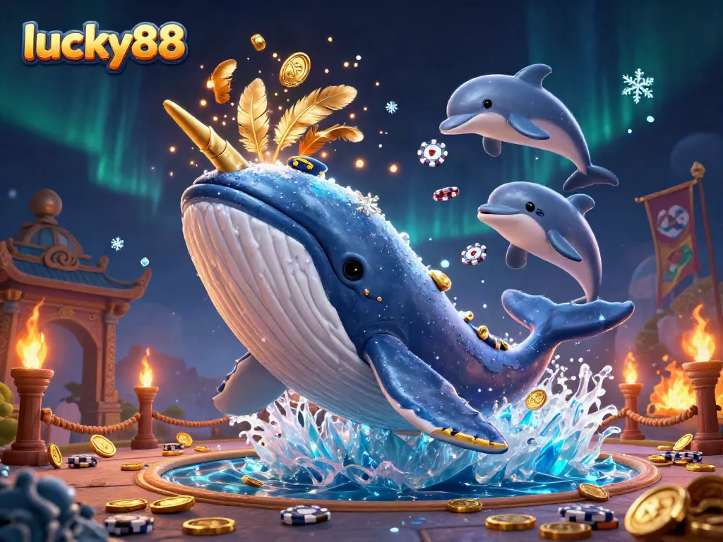 Experience the excitement of lucky88 with a whale, narwhal, and dolphins in a vibrant casino scene.