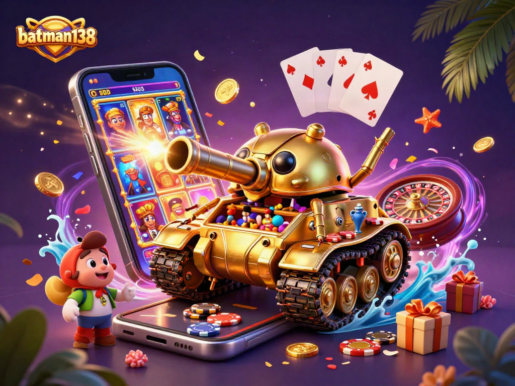 Engage with batman138 in this vibrant 3D casino scene filled with slot games and lively elements.