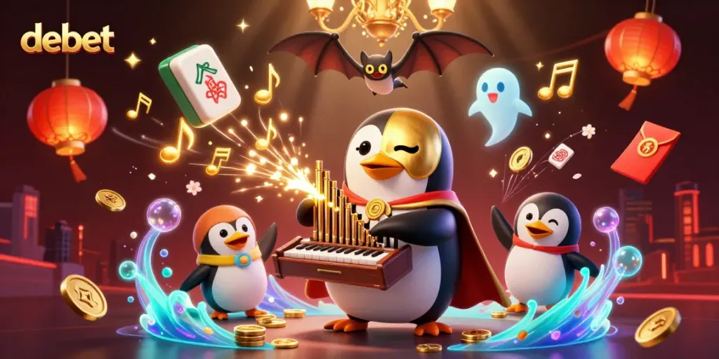 Play and win with debet in a vibrant 3D casino scene filled with gold coins and festive elements.