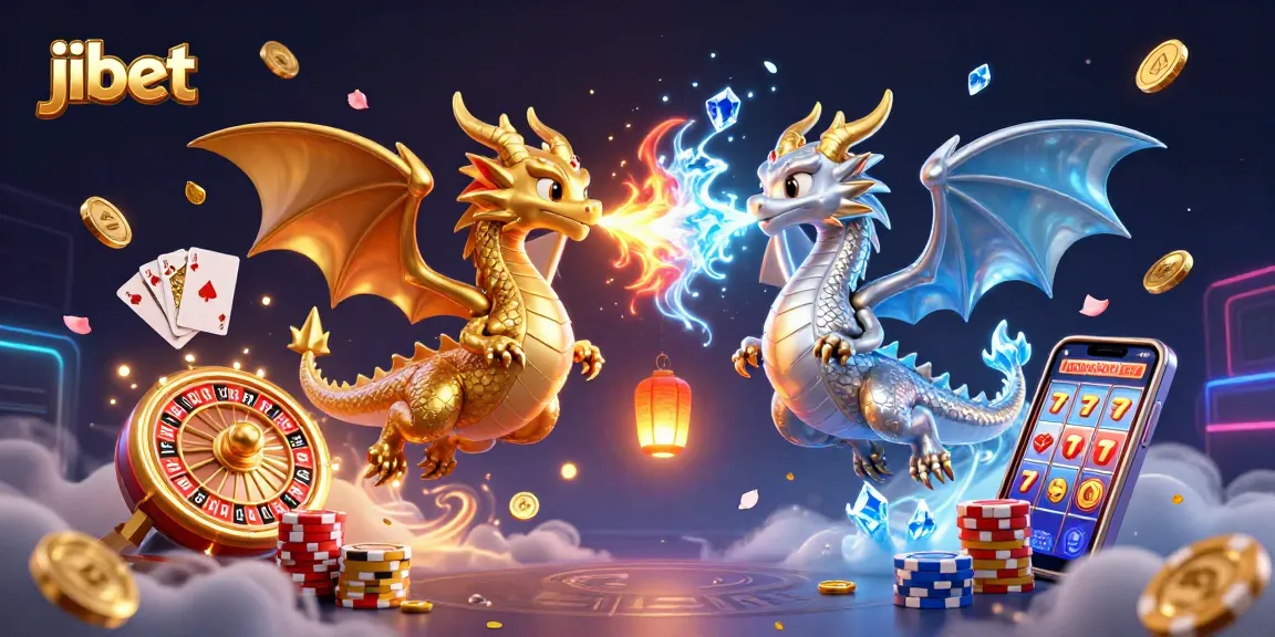Experience the thrill of jibet as twin dragons clash in a dynamic casino scene filled with stunning game elements.