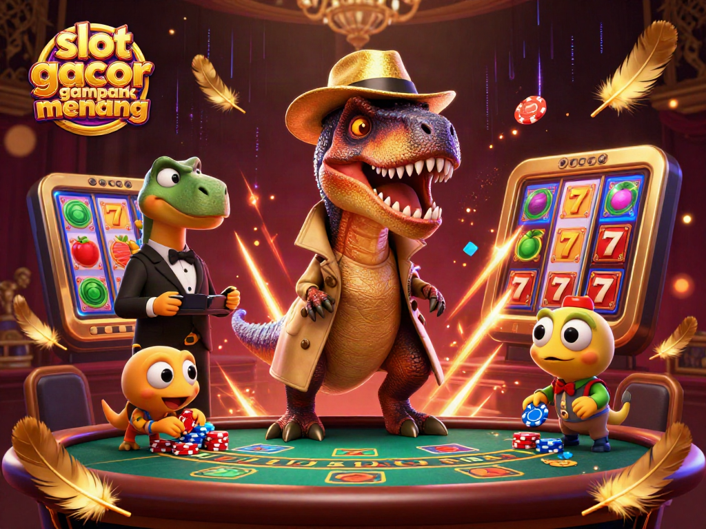 Experience slot gacor gampang menang with a lively casino scene featuring a velociraptor card counter and colorful slot reels.