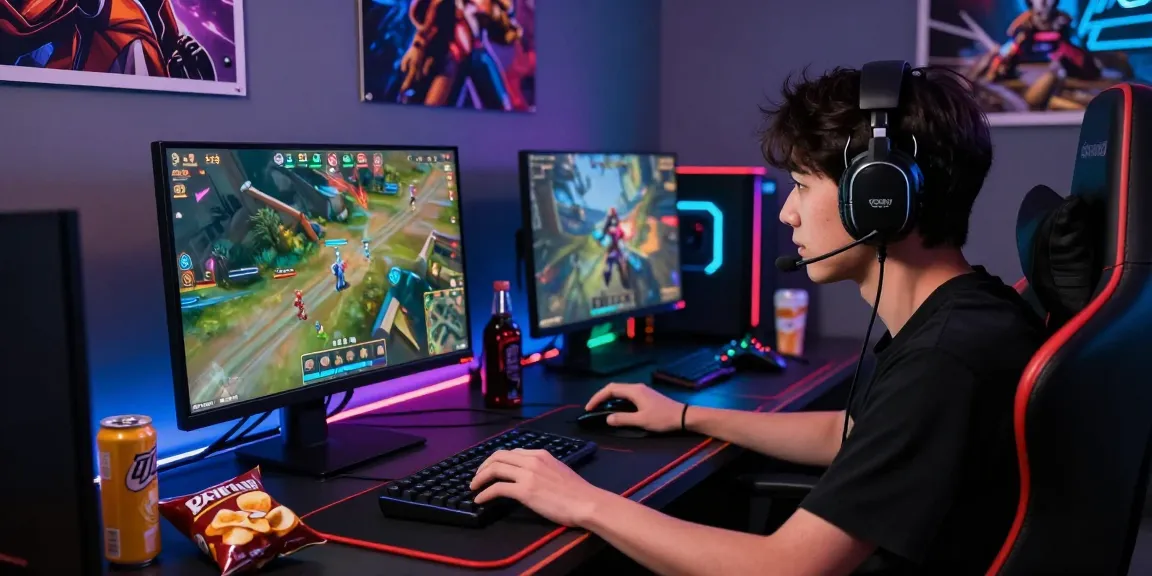 Pemain fokus dalam permainan delapan toto di desktop modern dengan pencahayaan LED biru.