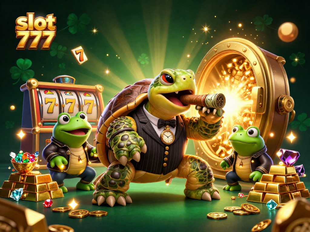 Spin slot 777 to unlock treasures in a vibrant casino scene with turtles and gold.