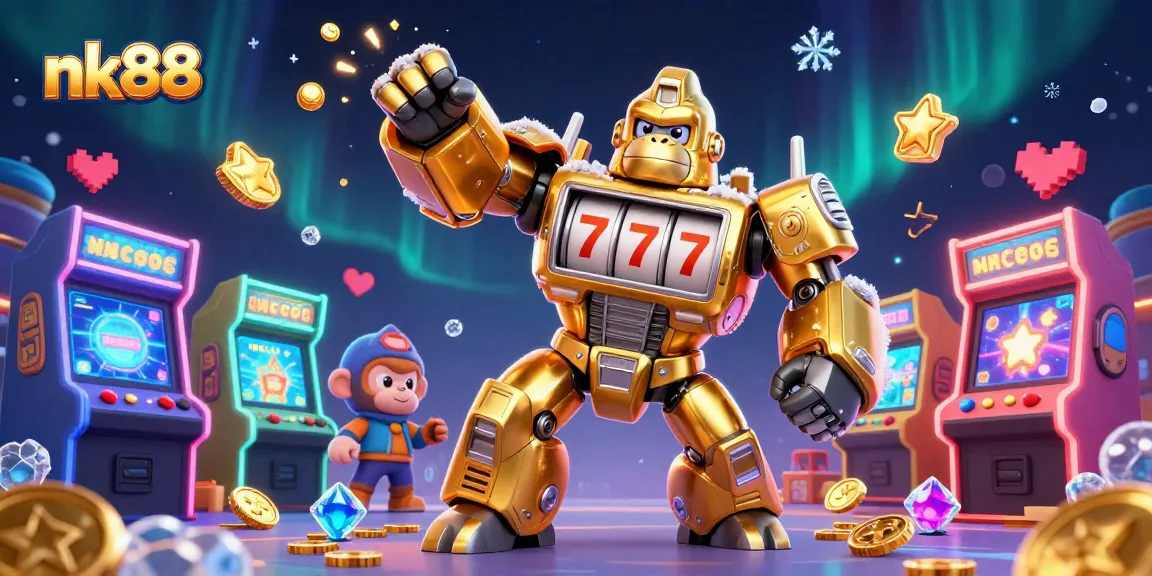 Win big with nk88 casino: vibrant 3D gorilla mech and game elements exploding with excitement.