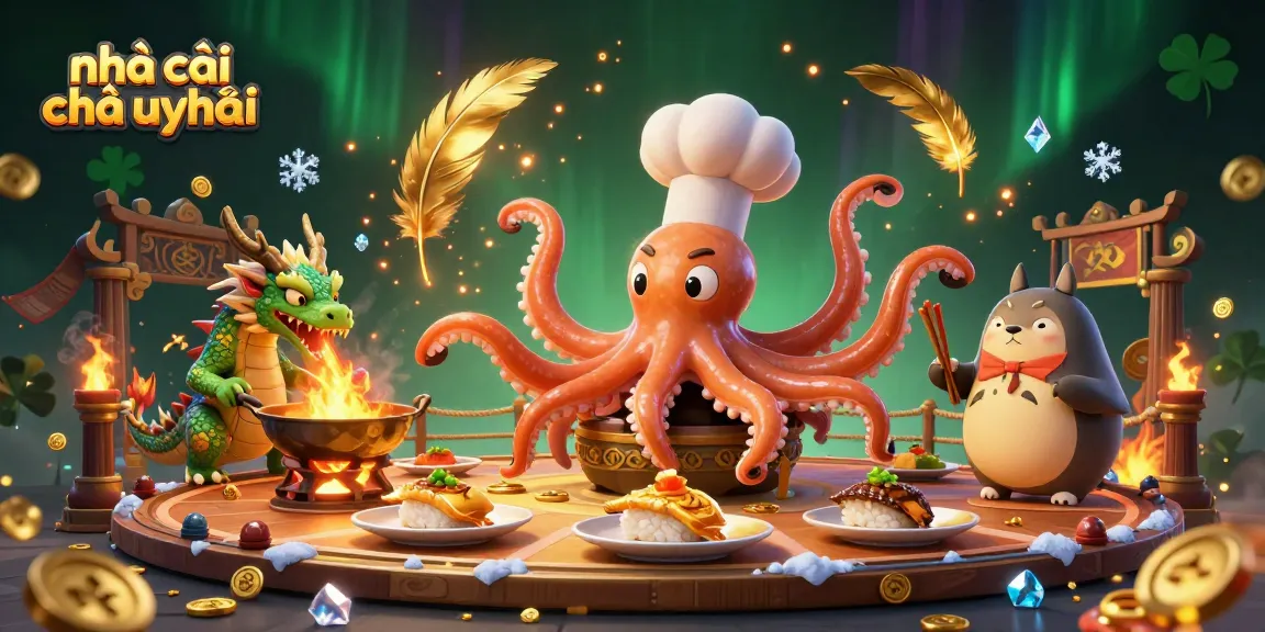 Experience thrilling action with nhà cái nào uy tín, featuring a dynamic octopus chef and dragon under a golden wok.