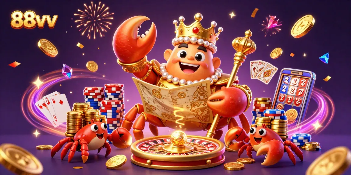 Engage with thrilling casino fun at 88vv, featuring a dynamic 3D crab emperor and treasure-filled scene.