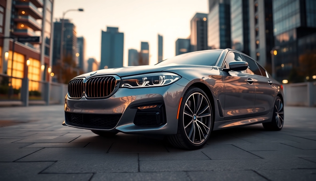 Showcase a Luxury BMW car against an elegant urban backdrop, emphasizing sleek design and sophistication.