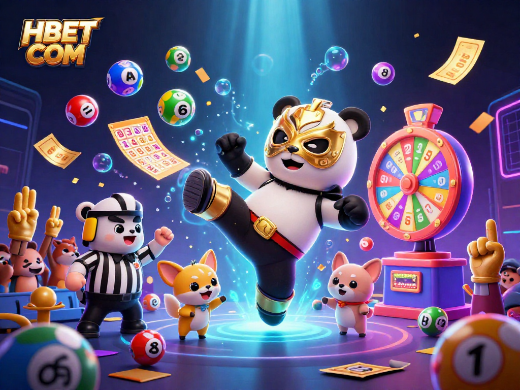 Join the excitement at HBET COM with colorful lottery balls, a kicking panda, and cheering fans!