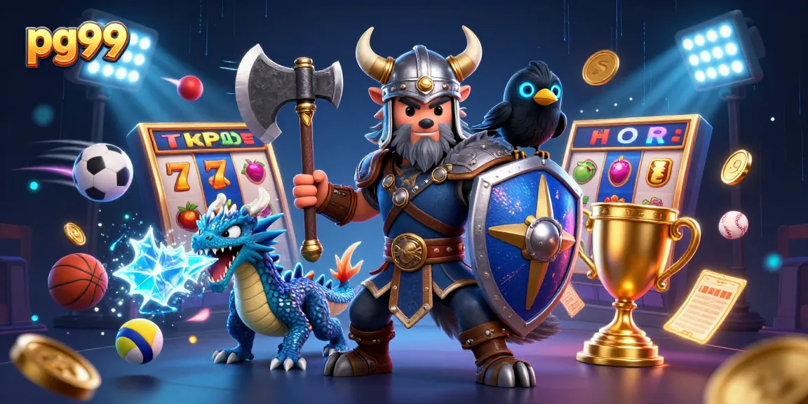 Engage with exhilarating pg99 adventures, featuring slot reels, a Viking warrior, and vibrant gaming elements.