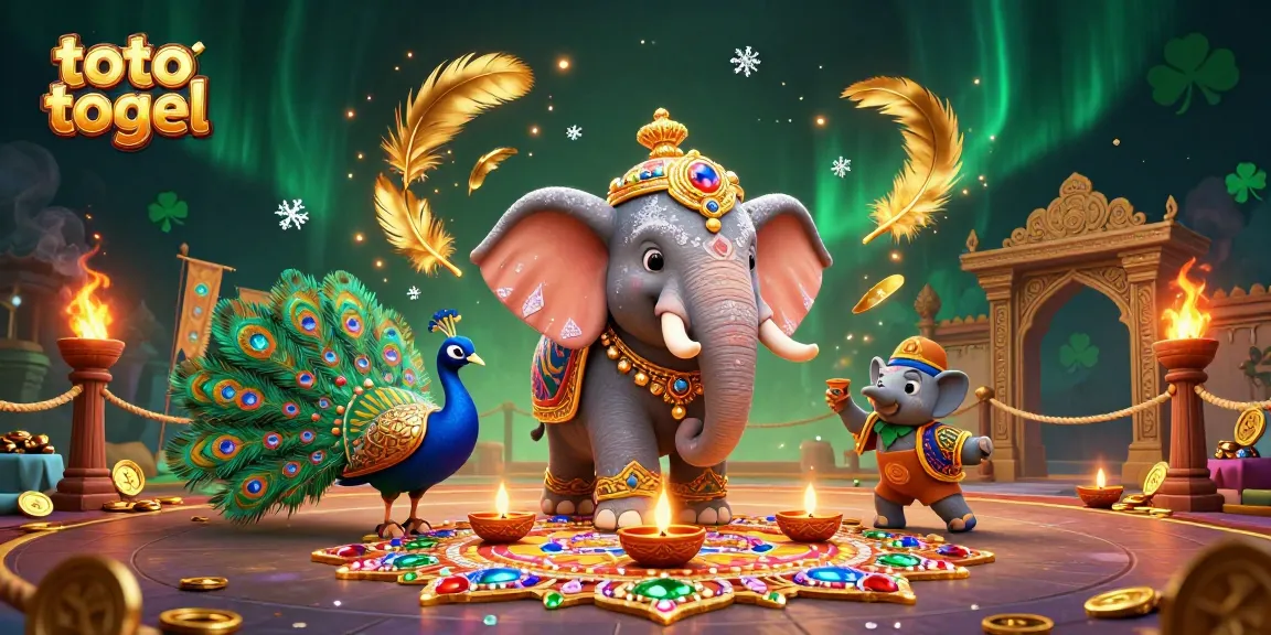 Mengawasi toto togel di arena pertarungan dengan gajah dan merak dalam desain yang meriah.