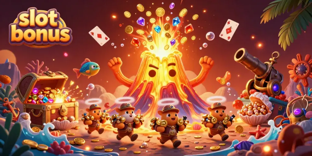 Experience the excitement of slot bonus features in a vibrant 3D scene with golden eruptions and treasure-chasing critters.
