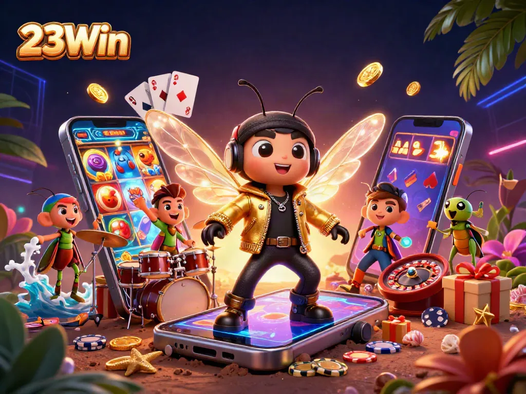 Engage with 23Win's vibrant gambling atmosphere featuring lively characters and game elements.