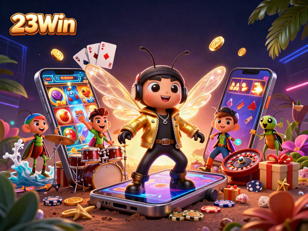 Engage with 23Win's vibrant gambling atmosphere featuring lively characters and game elements.