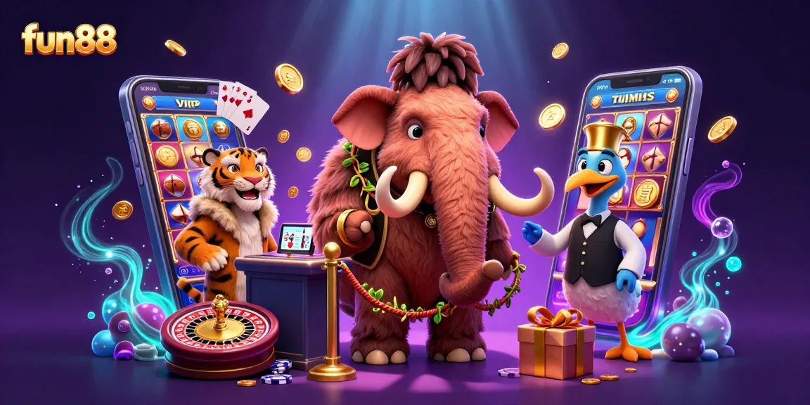 Experience the fun88 excitement with a dynamic casino scene featuring fantastic characters and gaming elements.