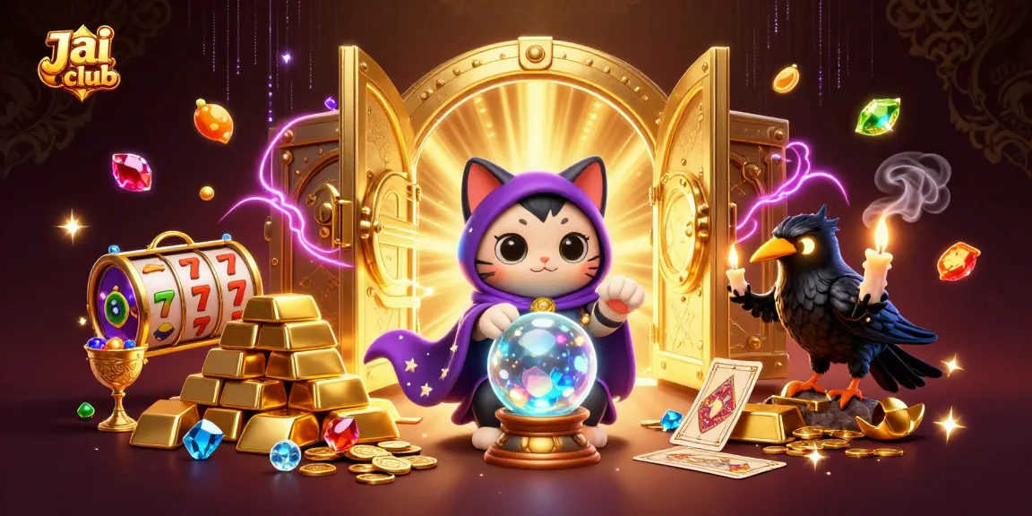 Experience thrilling gaming at Jai club with a mystical cat, raven, and a treasure-filled scene.