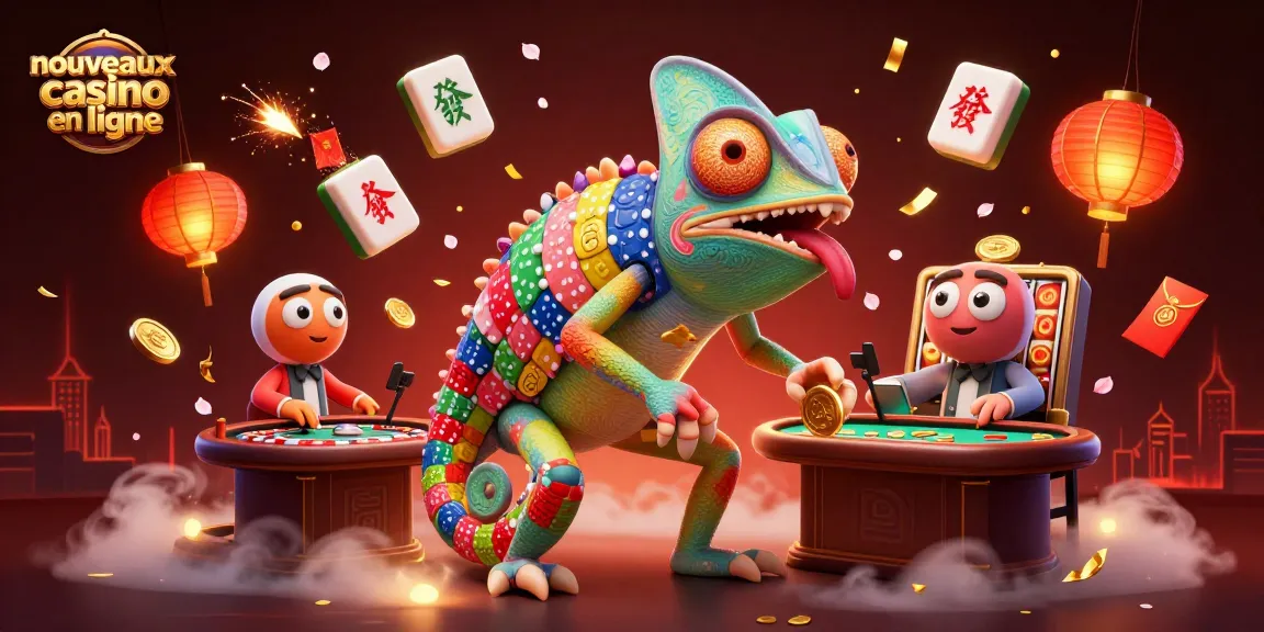 Nouveaux casinos en ligne : illustration dynamique d'un propriétaire caméléon captivant l'attention avec des jeux, pièces dorées et lanternes chinoises