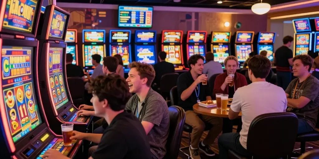 Suasana kasino online yang meriah dengan pemain menikmati slot gacor gampang menang.