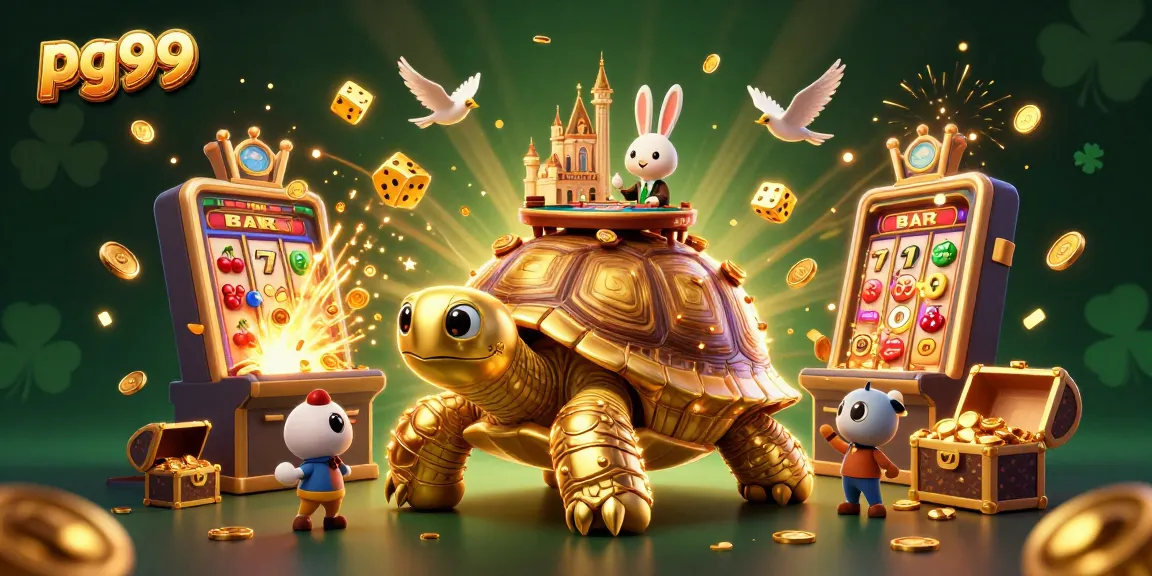 Engage in thrilling gameplay with pg99 at a vibrant casino scene showcasing a tortoise and rabbit dealer.