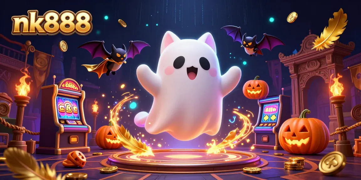 Engage with nk888's haunted casino adventure featuring a ghost cat and vampire bat in vibrant detail.