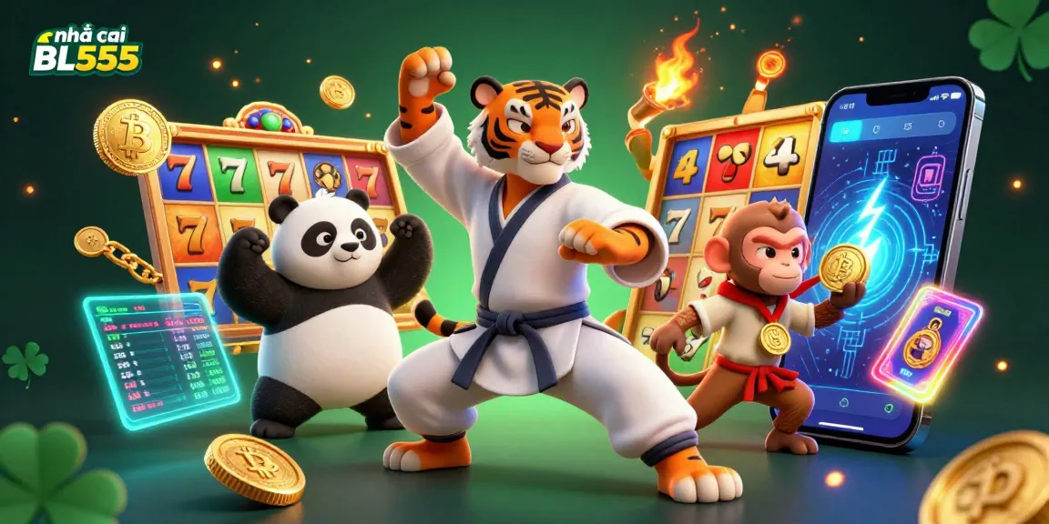 Engage with exciting gambling activities at nhà cái BL555 featuring vivid slot reels and characters in action.