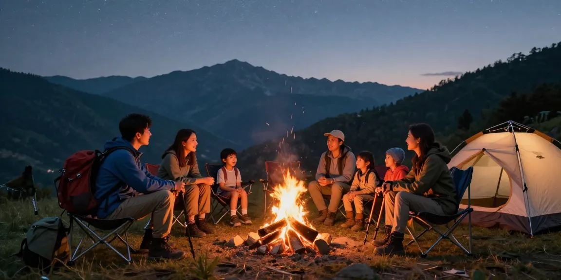 Family adventure community engaging around a campfire during dusk, mantra88 promoting exploration.
