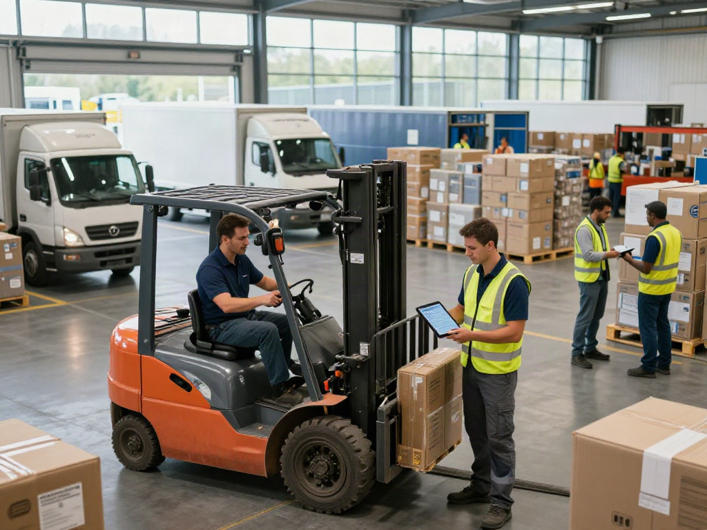 Logistik Dortmund: Aktives Lagerhaus mit Fachleuten bei der Koordination von Sendungen.