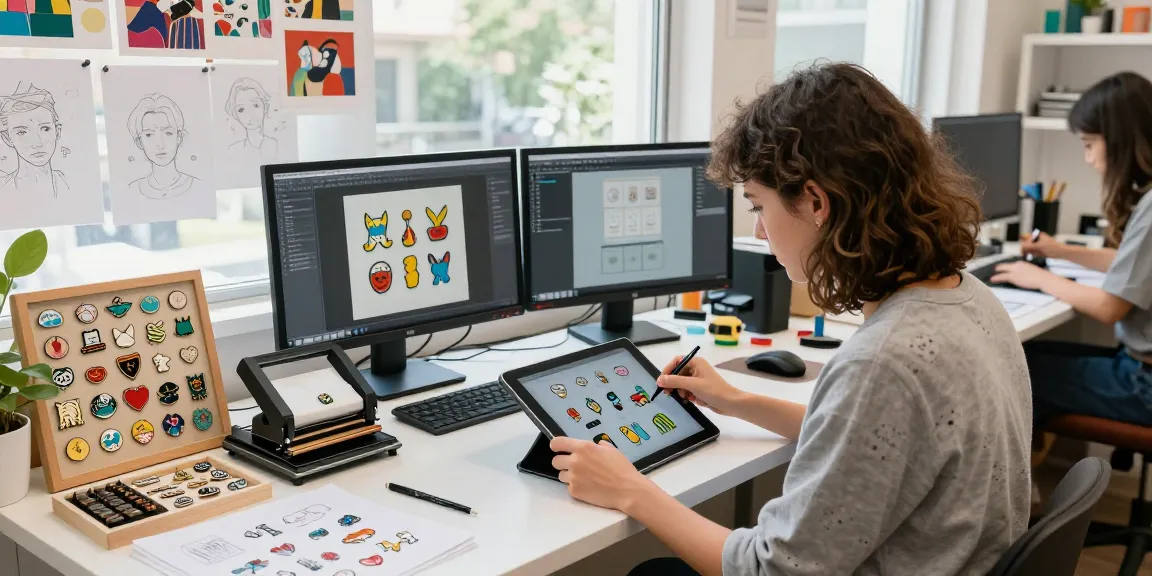 Creative scene showcasing custom enamel pins design process in a bright studio.