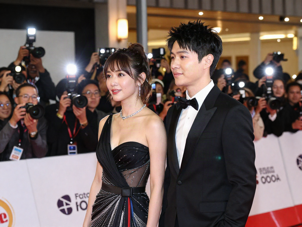 Two celebrities that look alike sharing a moment on the red carpet with stylish outfits and lively atmosphere