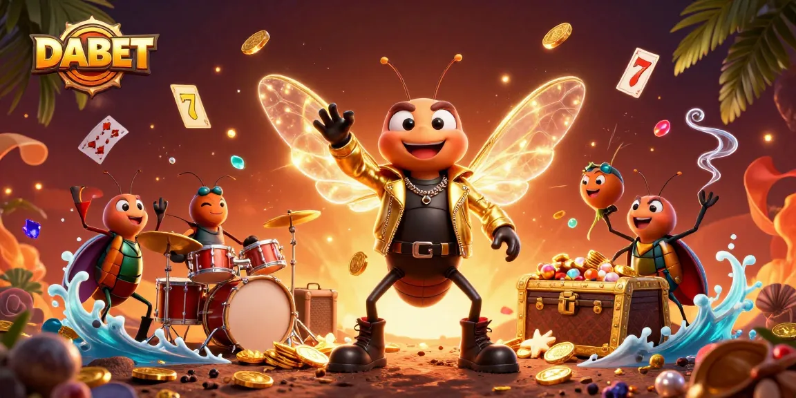 DABET ignites excitement with vibrant slot reels and dynamic characters in a rich casino scene.