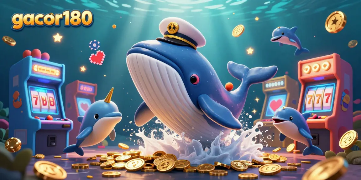 Gacor180 menampilkan paus 3D besar dengan koin dari permainan slot dalam suasana ceria.