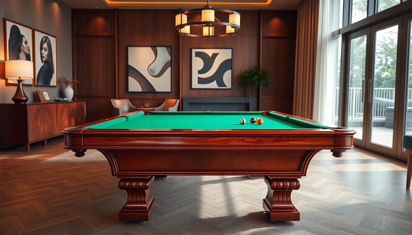 Buy Pool Tables displayed in a luxurious game room with elegant wood design.