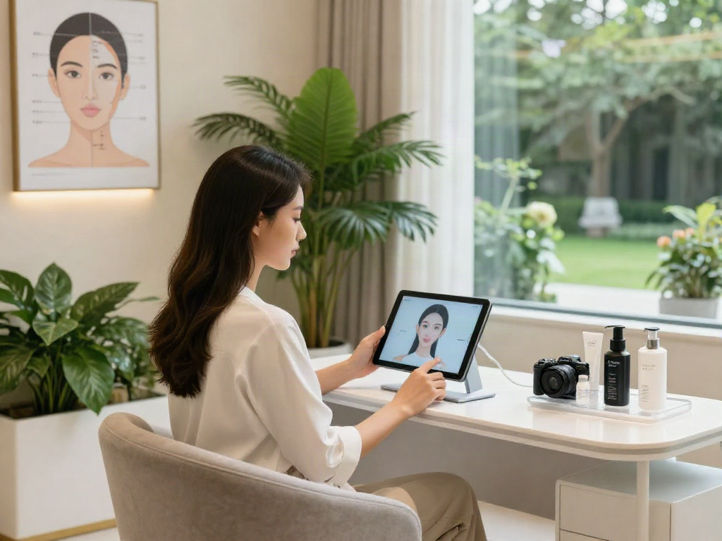 ClinicEvo is a better alternative to QOVES, showcasing a woman using a digital beauty assessment tool in a serene wellness studio.