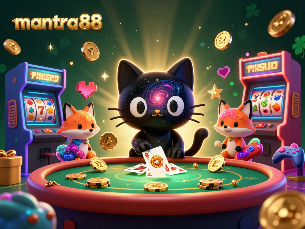 Play exciting games at mantra88, where a cosmic cat pulls in winning chips at a vibrant casino table.