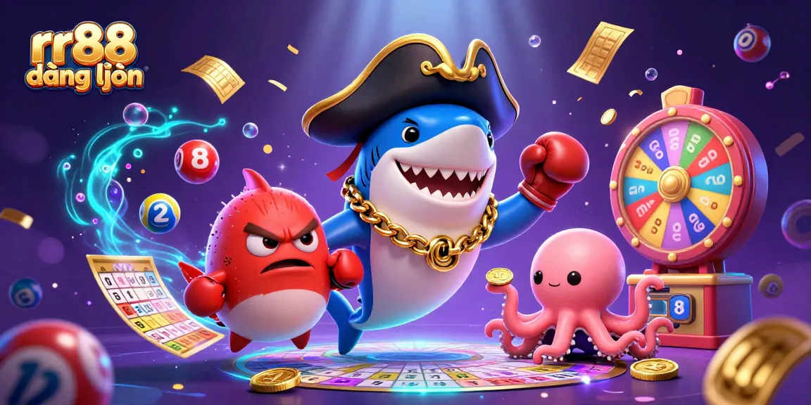 Join the adventure with rr88 đăng nhập, featuring vibrant casino elements and playful characters in a dynamic scene.