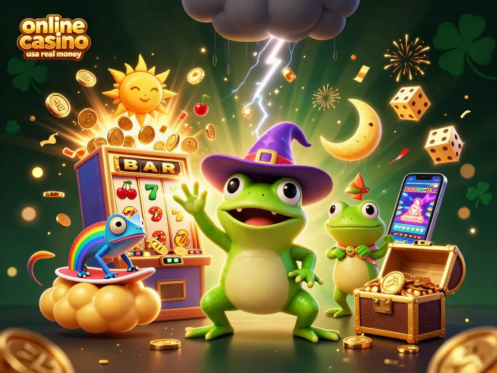 Experience the thrill of online casino usa real money games with a vibrant 3D illustration of characters celebrating jackpots.